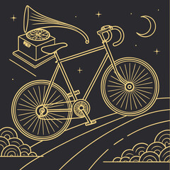 Fototapeta premium A bicycle rides on a road with a gramophone and a crescent moon above