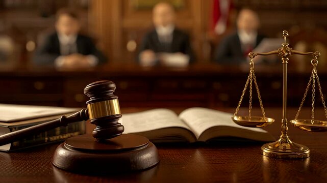 Wooden gavel balance scale and open law book on judge desk inside courtroom showing justice authority and legal decision concept - Powered by Adobe