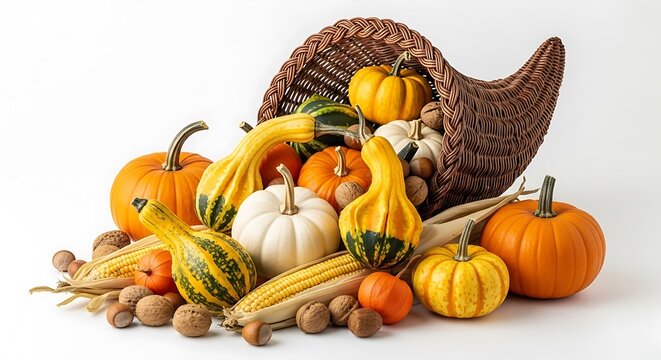 Cornucopia overflowing with assorted pumpkins gourds nuts and corn autumn harvest