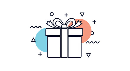 A simple line art illustration of a gift box with a bow on top, decorated with geometric shapes and colorful circles in a fun design.