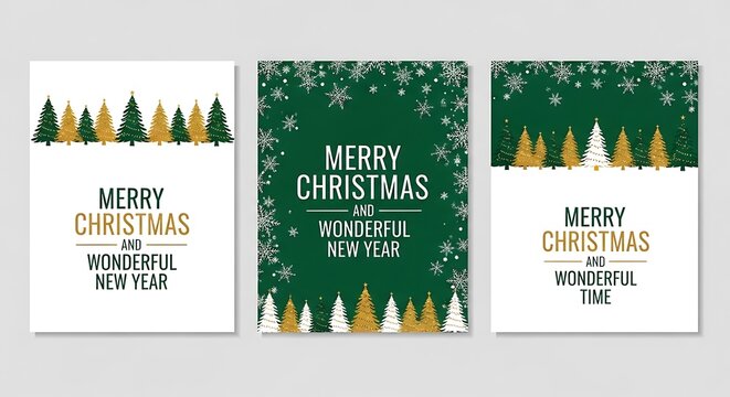 Festive Christmas card collection with trees and snowflake design elements