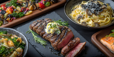 Gourmet Culinary Delights: An array of delectable dishes featuring a succulent steak, pasta, and other gourmet meals, each plate beautifully arranged to elevate the dining experience.
