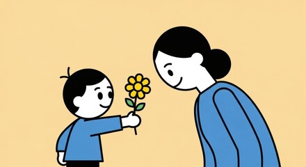 Fototapeta premium A young boy presents a yellow flower to his mother, a heartwarming gesture of love.