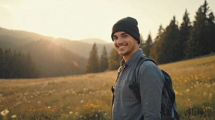Smiling young man with backpack, wearing casual beanie and shirt, standing in open nature landscape, warm golden sunlight