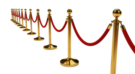 Red velvet rope barrier with gold stanchions isolated on transparent background