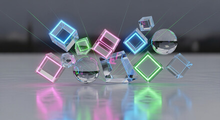 Abstract geometric shapes with neon light and glass material on gray background