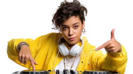 Vibrant Beatmaker: A dynamic female DJ engrossed in her craft, commanding the turntables with focused precision. Captured with close-up shot, showcases musical talent and expressive style.