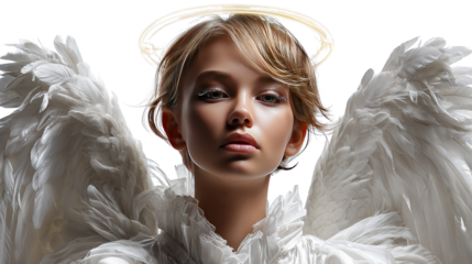 Celestial Beauty: Portrait of an Angel: A serene angel with flowing blond hair, a radiant halo, and majestic feathered wings looks serenely at the viewer, evoking feelings of peace.