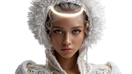 Arctic Radiance: A portrait of serene beauty, a captivating figure adorns a luxurious furry hat and a radiant halo, embodying ethereal charm and poise. 