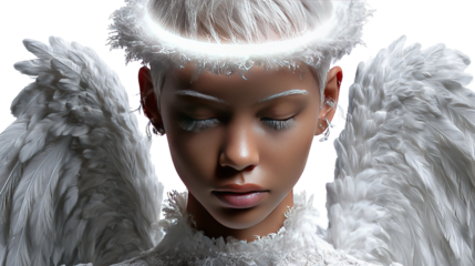 Celestial Dreamer: A serene individual embodies angelic purity, their eyes gently closed as a halo of light encircles their head, evoking a sense of ethereal grace.