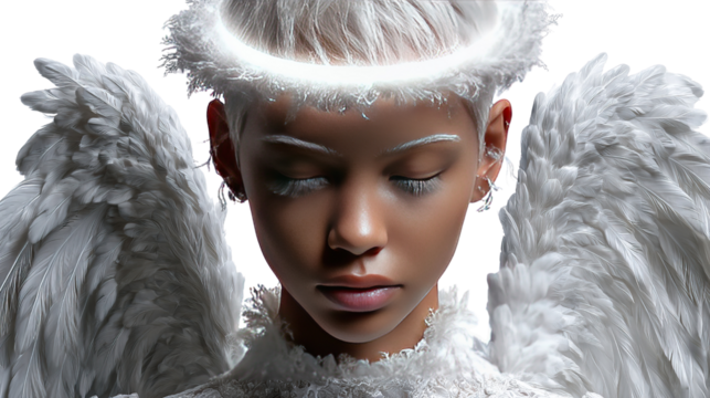 Celestial Dreamer: A serene individual embodies angelic purity, their eyes gently closed as a halo of light encircles their head, evoking a sense of ethereal grace.