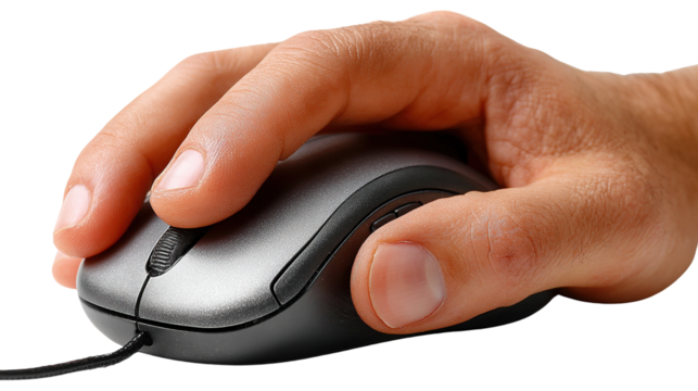 Mouse Control: A hand expertly guides a computer mouse, a testament to modern technology and effortless digital interaction. 