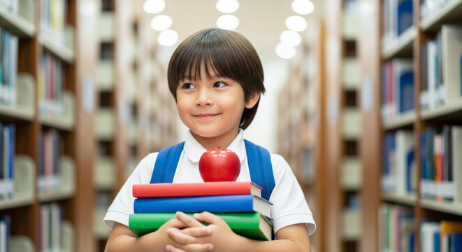 Boy holding books and apple in library setting, education and learning readiness