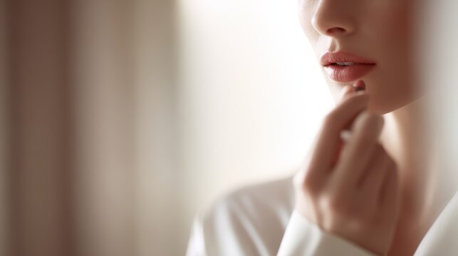 woman applying lipstick in bathroom mirror, elegant pose, natural light reflection, soft color tones - Powered by Adobe