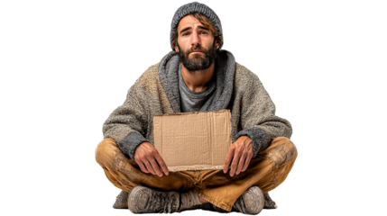 A moment of Despair and Plea: A homeless individual sits with a cardboard sign, gazing with a somber expression, embodying the poignant realities of hardship and destitution. 