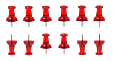 Collection of red push pins isolated on transparent background for office use