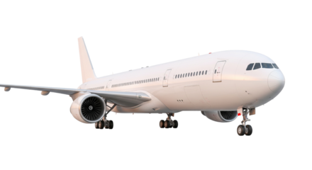 White passenger airplane isolated on transparent background ready for transportation