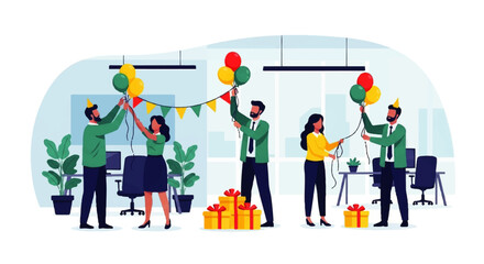 Office Celebration with Balloons and Gifts.