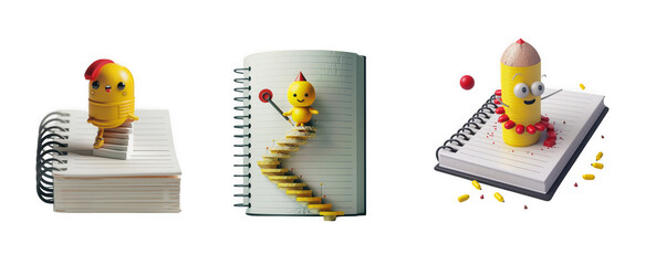 Cute yellow character with big eyes and a red nose on a notebook isolated on transparent background