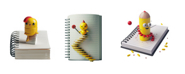 Cute yellow character with big eyes and a red nose on a notebook isolated on transparent background