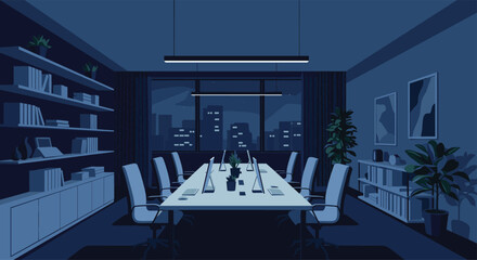 A dimly lit conference room with a long table and chairs reflects the city lights outside the window.