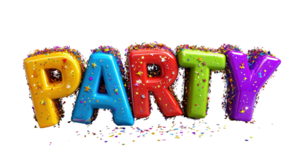 Festive Celebration Typography: A vibrant PARTY sign bursts with color and joy, each letter adorned with confetti, symbolizing fun, festivity and togetherness.