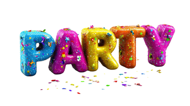 Festive Party: A vibrant and colorful display of the word PARTY spells out celebration, bringing together joy and a lively atmosphere.