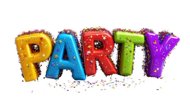 Festive Celebration Typography: A vibrant PARTY sign bursts with color and joy, each letter adorned with confetti, symbolizing fun, festivity and togetherness.
