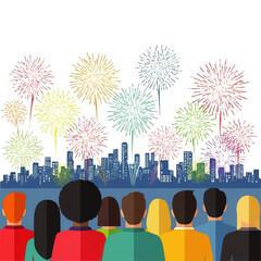 Diverse Crowd Watches City Skyline Fireworks Display.