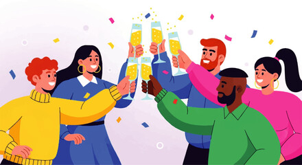 Diverse Group of Friends Celebrating with Champagne Toast.