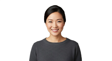 A smiling 34-39-year-old East Asian woman, a food stylist for holiday cookbooks, in an elegant dark gray sweater, Isolated on transparent background. Ideal for culinary promotions,