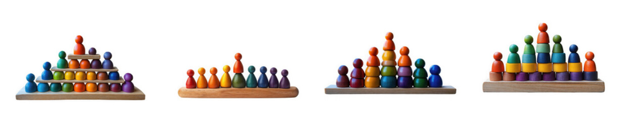 Four wooden boards with colorful wooden pawn figures arranged in ascending pyramid shapes, isolated on transparent background