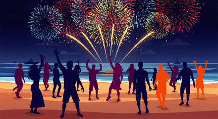 Festive Beach Celebration with Dazzling Fireworks Display.