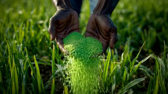 Farmer applying bright green fertilizer granules on young crop field promoting soil nutrition and sustainable agricultural development