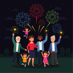 Happy Family Celebrating with Fireworks Display.