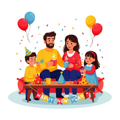 Happy New Year Family Celebration with Balloons and Confetti.