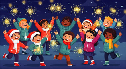 Joyful Children Celebrating with Sparklers at Night.