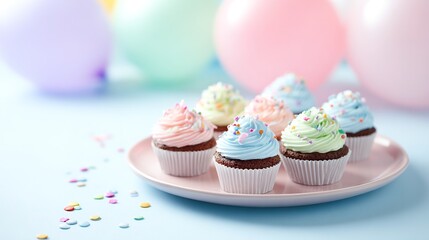 Pastel frosted cupcakes on pink plate with colorful balloons in background