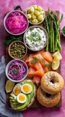 Healthy brunch platter with smoked salmon, bagels, and avocado toast. Vertical flat lay of a gourmet breakfast board with fresh vegetables and eggs on a pink background