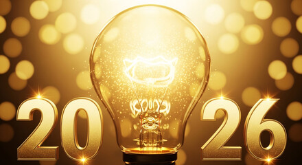 Golden light bulb with 2026 year, concept for upcoming year and new ideas