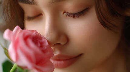 young woman smelling a rose