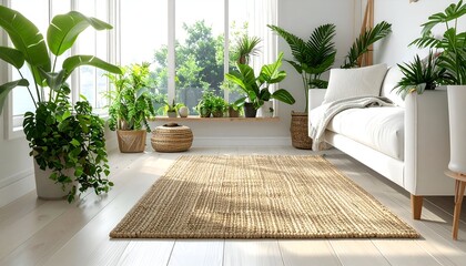 Fototapeta premium Cozy living room with a natural aesthetic featuring plants, a woven rug, and sunlight streaming through windows