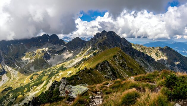 Majestic mountain landscape with dramatic clouds, showcasing rugged peaks and lush greenery in the foreground