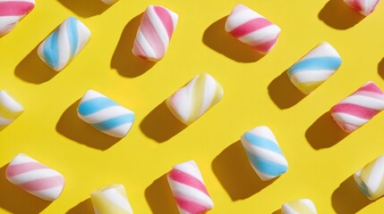 Colorful twisted marshmallows on bright yellow background for sweet treats