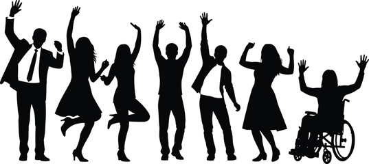 Inclusive celebration silhouette, diverse people dancing, wheelchair user joy, unity, happiness, black vector, party pose, disability awareness, community fun