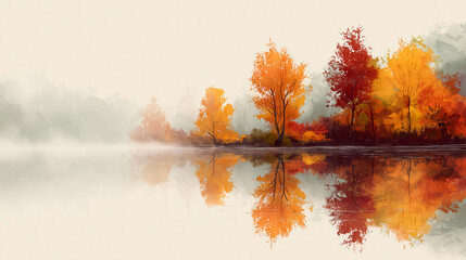 Beautiful autumn lake scene illustration with colorful trees and calm water, perfect for seasonal greeting cards, nature posters, travel designs, or landscape artwork.