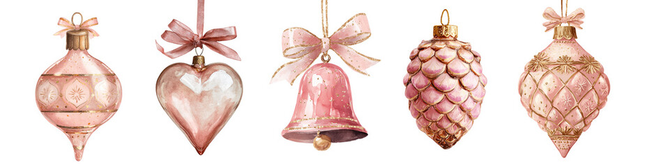 Set of vintage watercolor pink Christmas ornaments isolated on transparent background. Perfect for holiday design, greeting cards, invitations, and digital art projects.