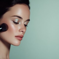 Naklejka premium fashion model applying natural makeup, pastel tones and elegance fashion model, natural makeup, pastel tones, elegance, soft light, minimalist background, pastel beauty, graceful pose, feminine style