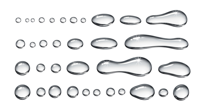 Water drops of various sizes isolated on transparent background, macro photography