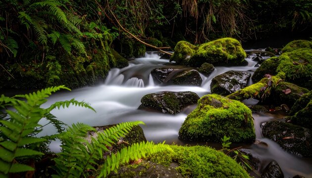 Serene stream flowing over moss-covered rocks in a lush forest, with vibrant ferns framing the scene